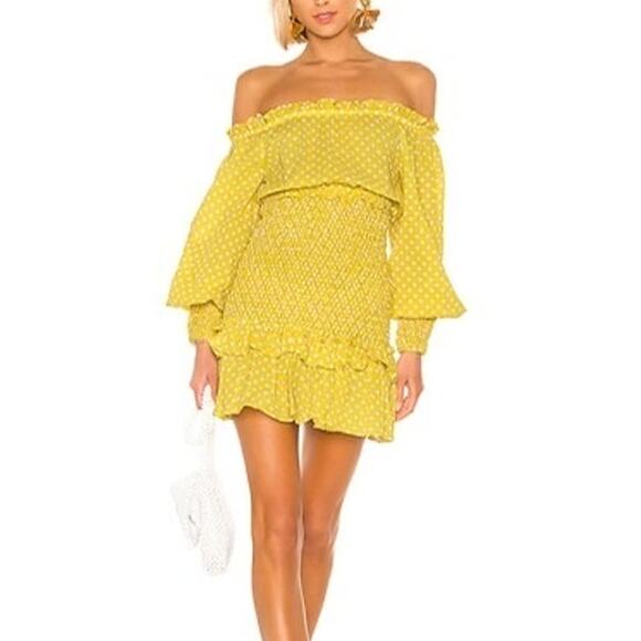 Alexis Marilena Smocked Polka Dot Off Shoulder Mini Dress yellow size large L - Picture 1 of 10